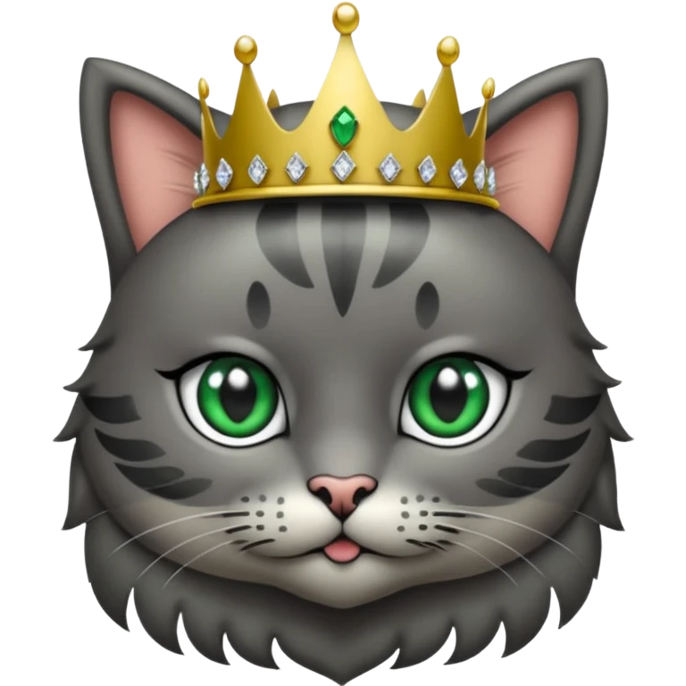 Gatito gris oscura con rayas negras ojos verdes vestida de reina con coronas y diamantes, más peluda y gordura  emoji