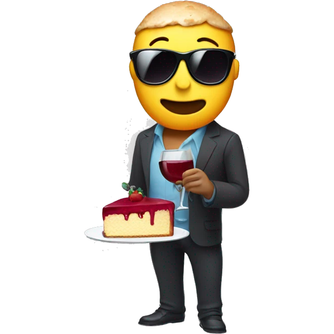 A bottle of wine character with arms, legs and sunglasses with a slice of cake in a hand emoji