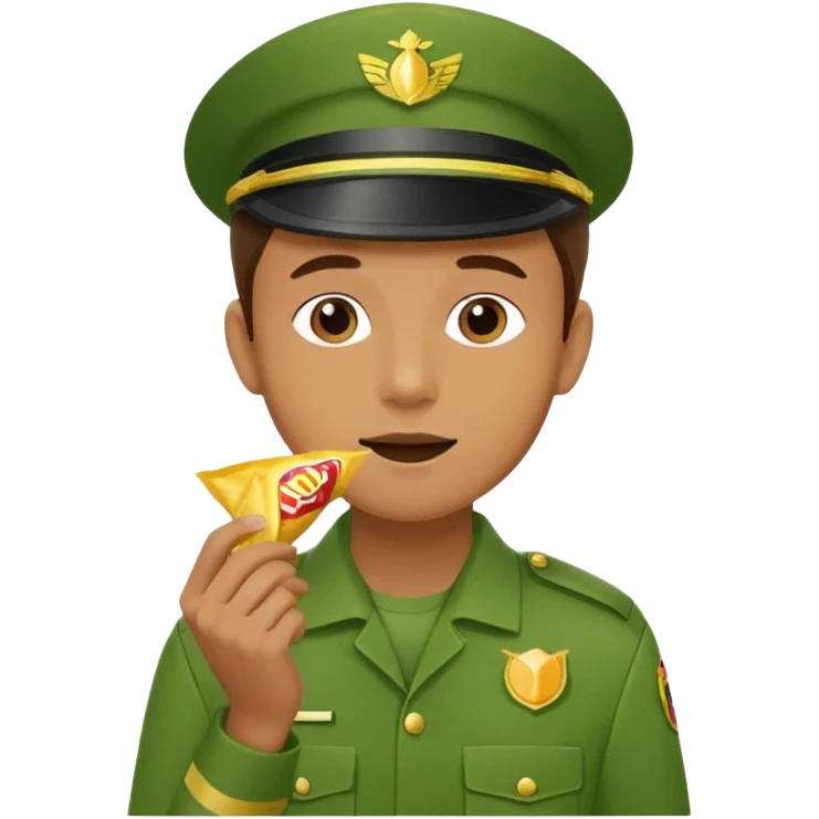 supermarket collegue wearing a green uniform and eating a packet of crisps no hat emoji