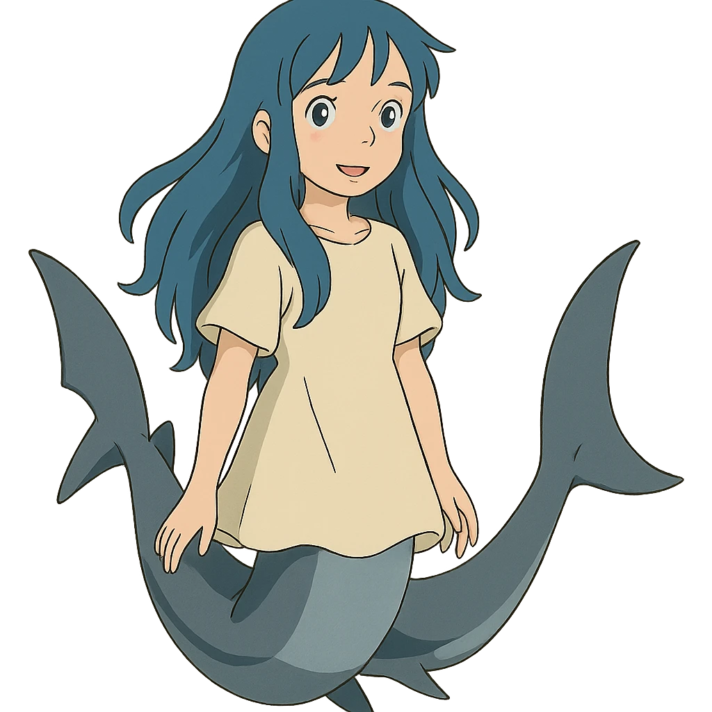 anime style girl with long blue hair and shark tail emoji