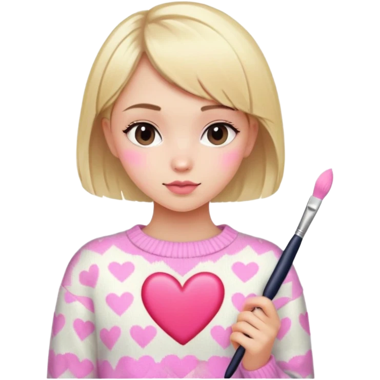 girl with short blonde hair with heart sweater and pink brushes emoji