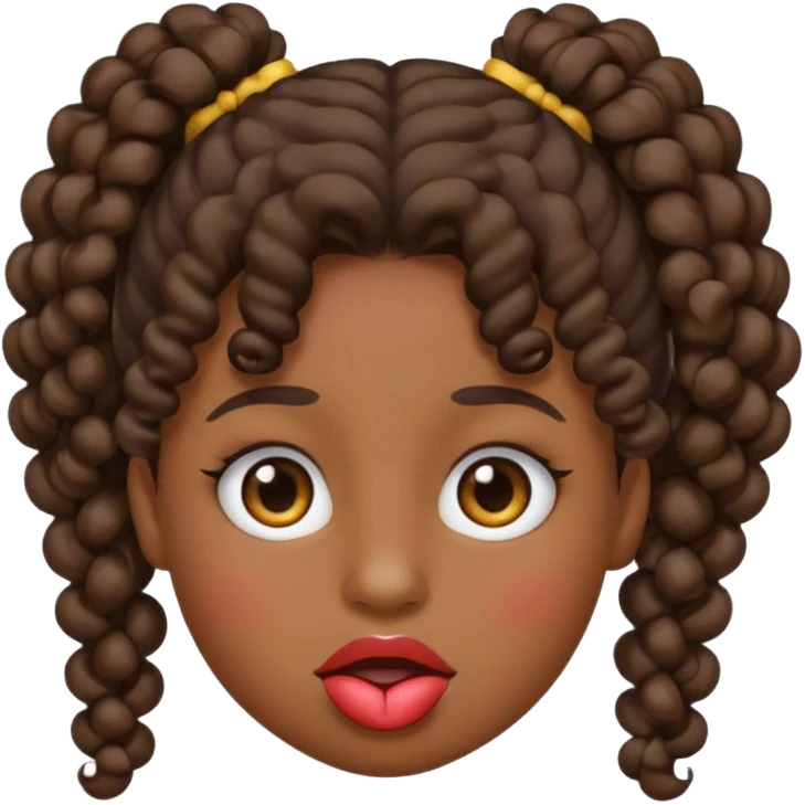 emoji sucking its lips in with one eyebrow up and the other one down dark skin and curly hair in one ponytail emoji