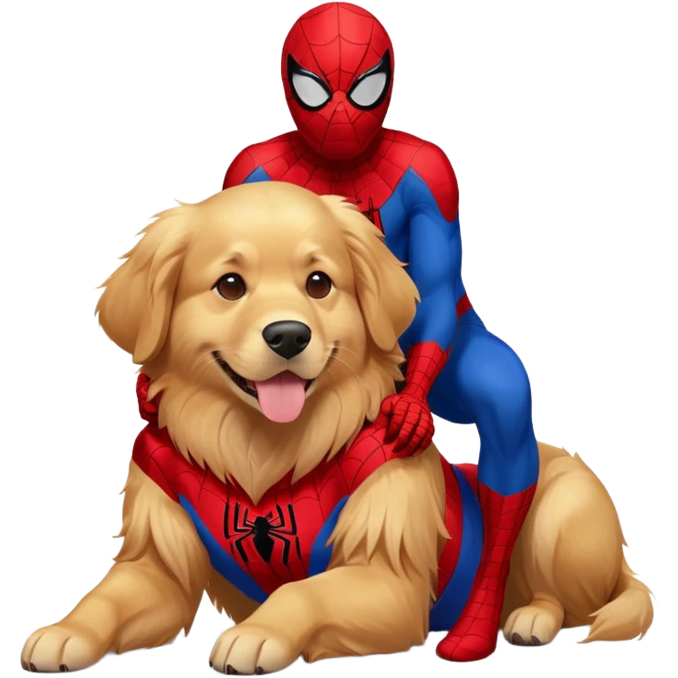 Golden Retriever laying on top of Spider-Man emoji