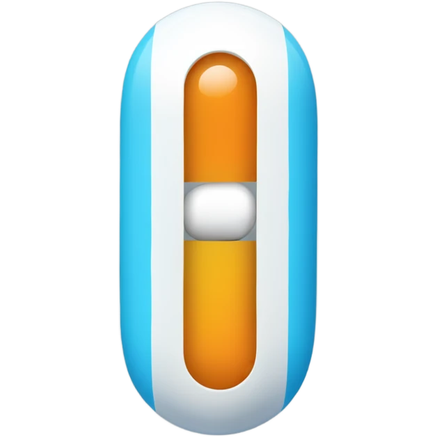A one capsule-shaped pill, positioned at an angle.: one half is blue, and the other half is white. emoji