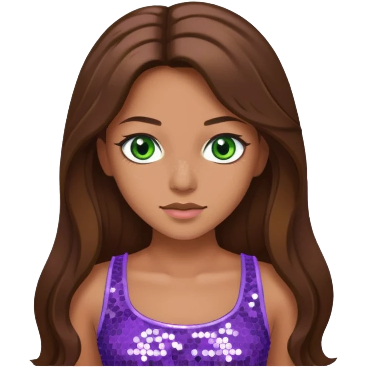 Teresa from Barbie & Friends with green eyes, long brown hair, lilac sequin crop top emoji