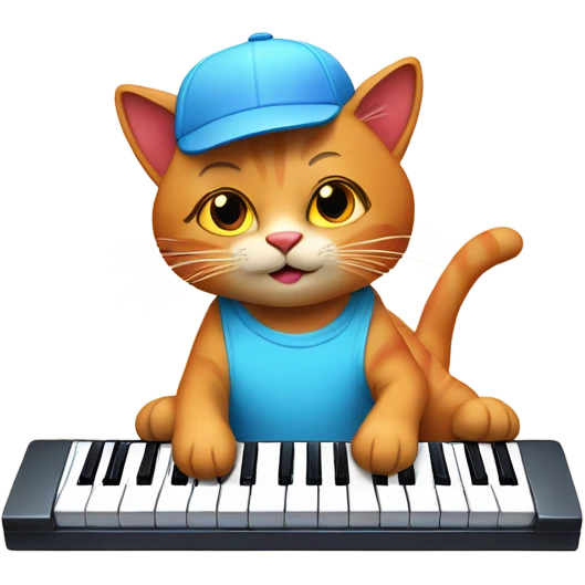 tan-red cat wearing a light-blue t-shirt and a blue base cap taps musical keyboard emoji