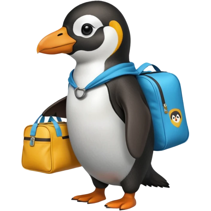 Una persona de apariencia peruana, vestida con ropa característica sin pelo montado a espaldas de un pingüino con una bolsa de la empresa de reparto glovo en la espalda emoji