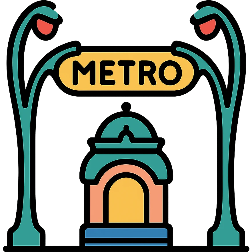 Parisian metro entrance emphasizing the curved shapes and Parisian architectural details in color outline icon style emoji