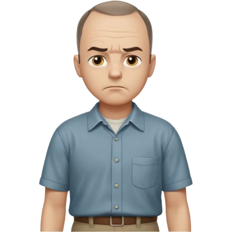 Carl from Sling Blade, serious expression, recognizable features, chin sticking out, slouching posture, no glasses, shirt with collar,  side view,show his entire body, he is standing. three-quarter face angle. He sticks his head forward. change face style emoji