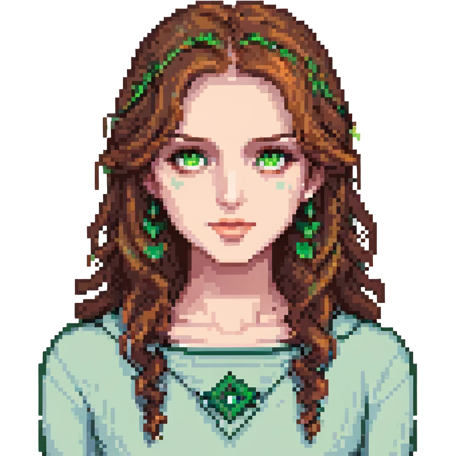 pixel art of a woman with brown hair and green eyes emoji
