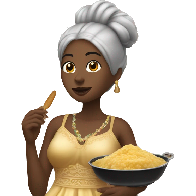 Woman with a black pixi cut, making a Spanish cocido while wearing a grand night gown with feathers emoji