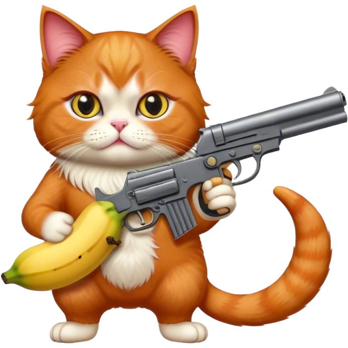 A persian red hair cat with a gun on the left hand and a banana on the right hand emoji