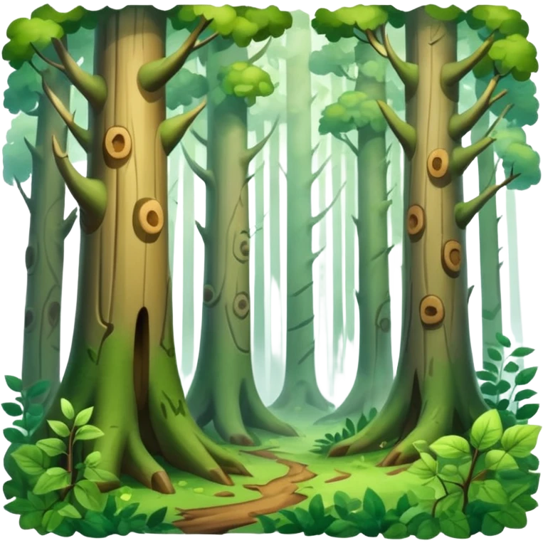 A dense woodland scene with overlapping trunks and misty atmosphere. emoji