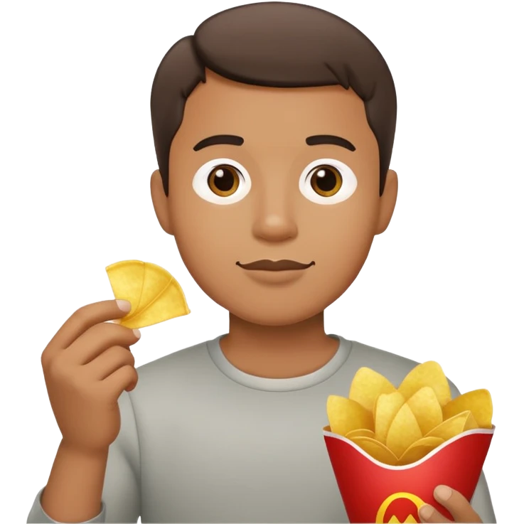 AYUDAME COM UN HOMBRE DE PELO CORTO CON UNO SNAKS EN LAS MANOS PUEDEN SER PAPAS O PLATANOS  emoji