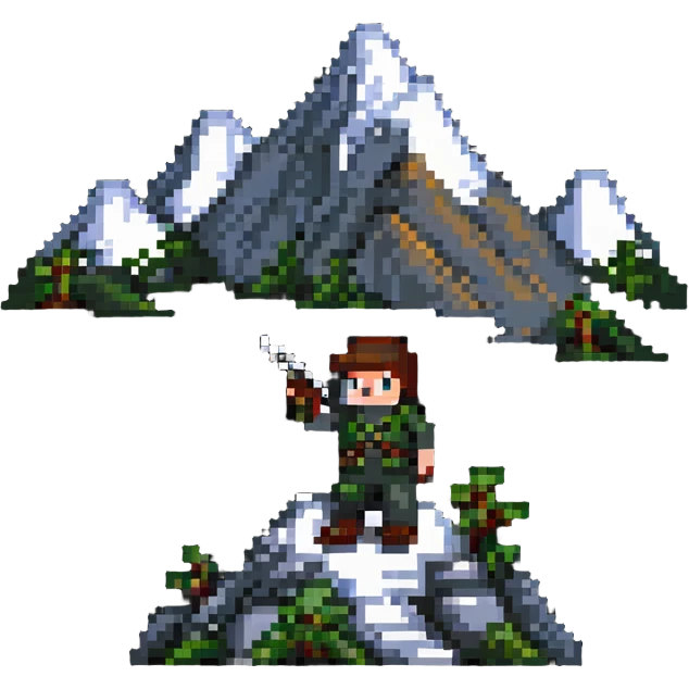 Small pixelated character with a gun shooting at a mountain with enemies emoji