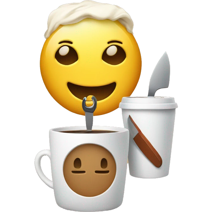 Smiley emoji holding a coffee cup and a knife  emoji
