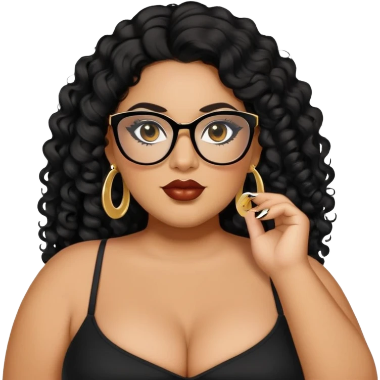big plus size, latina, darker tan skin, long black curly hair, baddie,pretty, makeup, lipliner, black eyeliner, long hair, gold earrings, black top, black glasses emoji