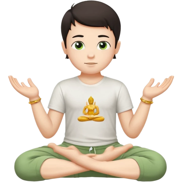 Menino branco de cabelo escuro, camiseta e bermuda verde claro sentado em pose de Buda com as mãos em forma de Mudra emoji