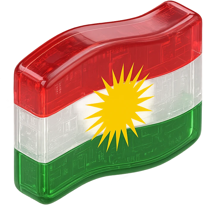 Kurdistan flag, glossy style, red, white, green stripes, yellow sun in the center, shiny finish, no text emoji