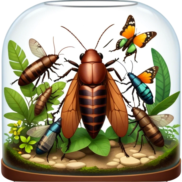 Close-up of giant Madagascar hissing cockroaches, butterflies, and stick insects inside a terrarium, with detailed textures of their bodies, wings, and legs. Soft lighting highlights their features. Transparent background. emoji