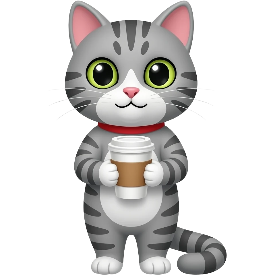 grey striped cat holding coffee cup emoji