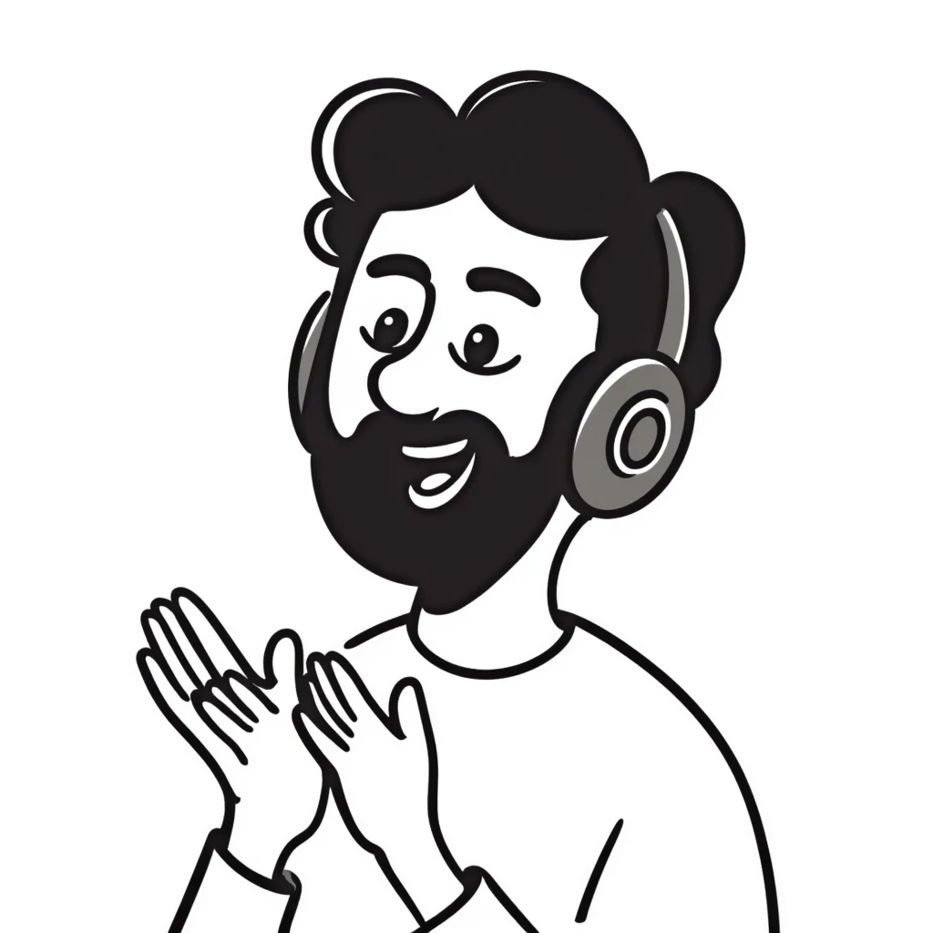 Man with black hair, brown eyes, and black beard wearing gaming headset clapping hands in celebration emoji