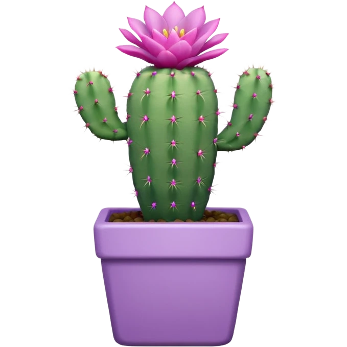 One ceramic pot in pastel violet, square, and tall, containing a flowering cactus. emoji