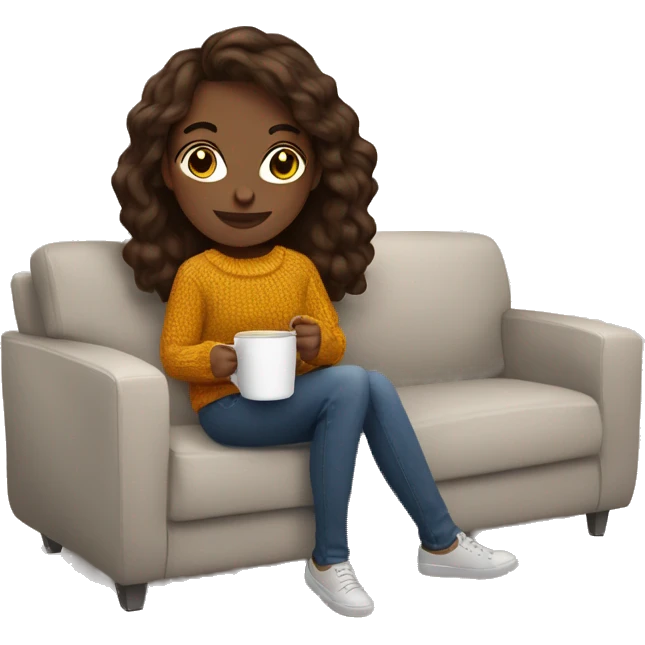 Brunette white girl autumn vibe wearing sweater sitting on a couch holding coffee emoji