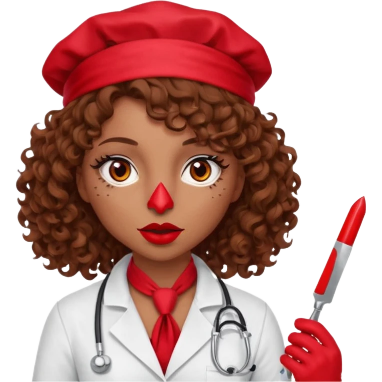 Lilith scalpel in hand, evil surgeon sexy surgeon clothes.  She has red eyes.Her  brown curly hair. Wears sexy doctor outfit with red gloves. Hides mouth necknose with red bandana to hide her identity. Hair is long and brown emoji
