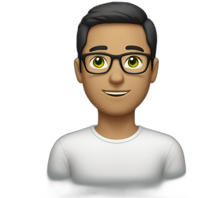 Man with dark short hair and glasses with thin frames. Whie skim green eyes.  emoji