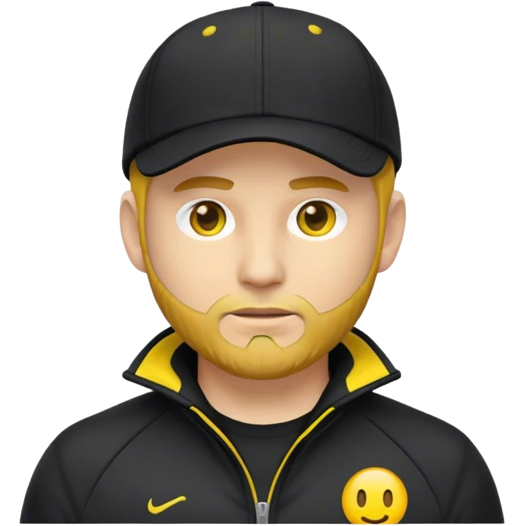  man wearing a black cap and a dark sports jacket with bright yellow details. He has light skin, a short beard, and a serious facial expression. The emoji should capture his key facial features and clothing details in a simplified but recognizable style. emoji