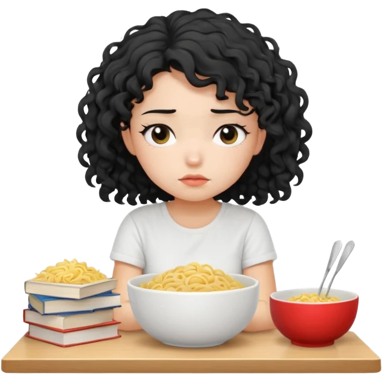 generate a pretty bratz fair skinned girl with curly black hair wearing a white tshirt sitting on a table with noodles and books. looking sleepy and tired and sad emoji