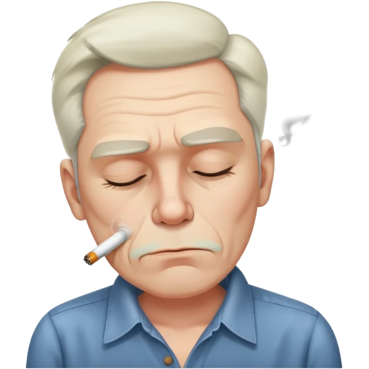 a sleepy looking, unmaintained man in his 50s, smoking, with a untidily buttoned shirt. emoji