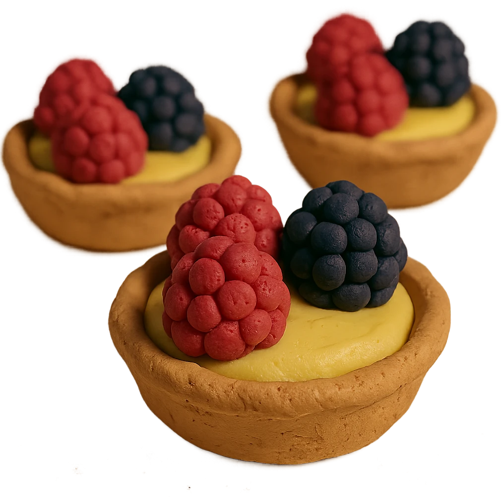3D claymation fruit tart mini tartlets with lemon curd, topped with raspberries and blackberries, visible fingerprints, pastel colors emoji