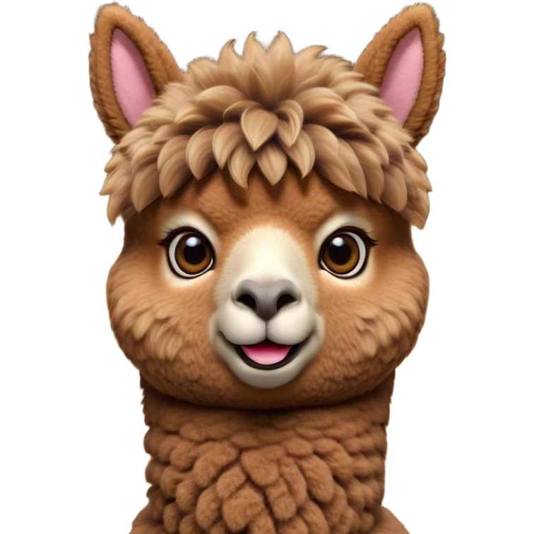 Cinematic Comical Brown Alpaca Portrait Emoji, Head tilted dramatically with an exaggeratedly amused expression, featuring a striking, plush brown fleece with playful texture, wide, expressive warm eyes filled with playful disbelief, Simplified yet hilariously expressive features, highly detailed, glowing with a slightly sassy glow, high shine, dramatic yet playful, stylized with an air of cheeky mischief, bright and endearing, soft glowing outline, capturing the essence of a spirited and over-the-top alpaca, so meme-worthy it feels like it could side-eye its way into internet fame instantly! emoji