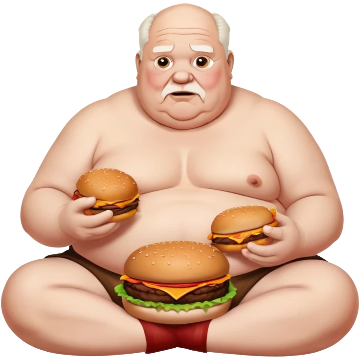 Fat old  man sitting down shirtless eating a bunch of burgers while having crumbs and sauce everywhere  emoji