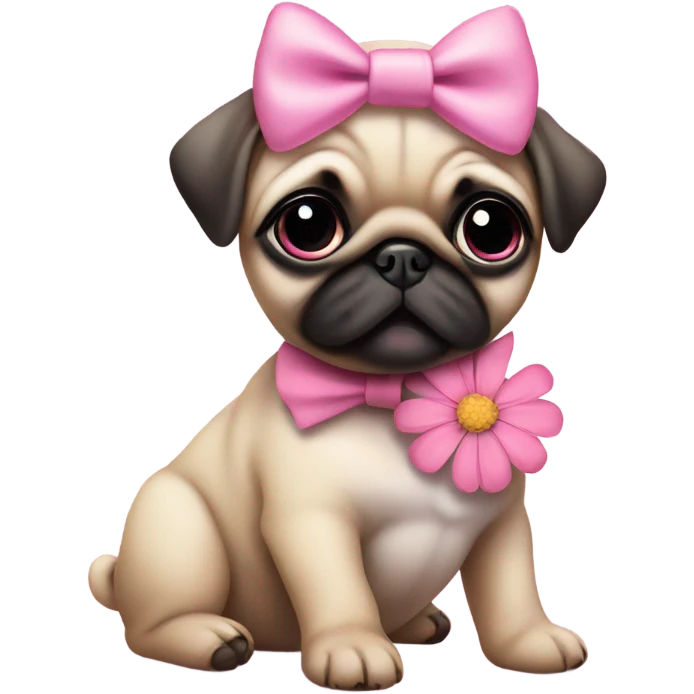 Baby pug with big pink
eyes wearing a pink bow on her head and a daisy in her mouth  emoji