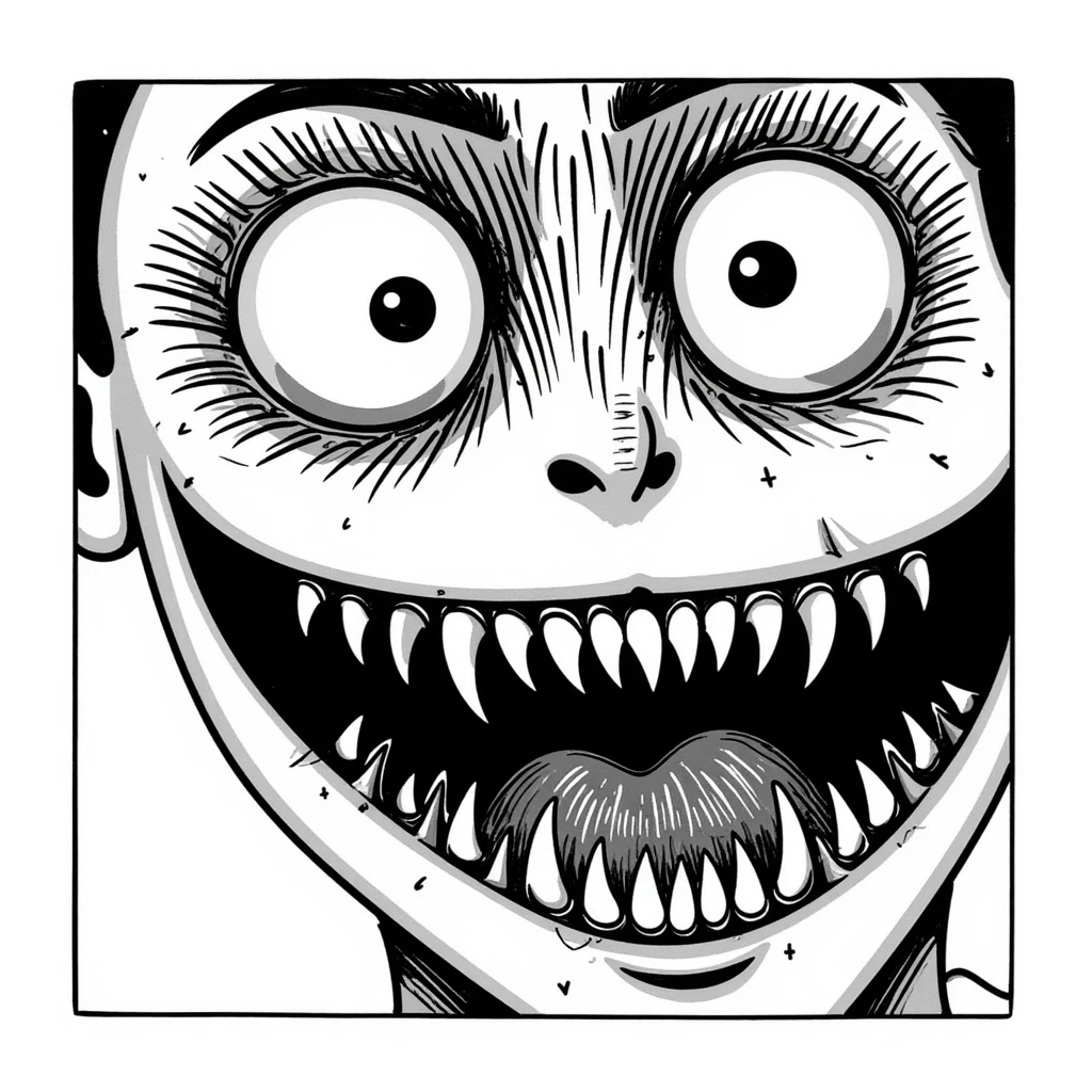 sketchy japanese horror manga style, extremely disturbing face with bulging eyes, split face revealing hundreds of tiny teeth inside, uncanny, creepy, Junji Ito inspired emoji