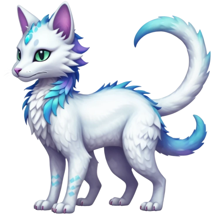 Kawaii white iridescent beautiful pretty elegant divine edgy fantasy feline-vernid-sergal-fursona animal creature with a tufted tail full body with intricate markings  emoji