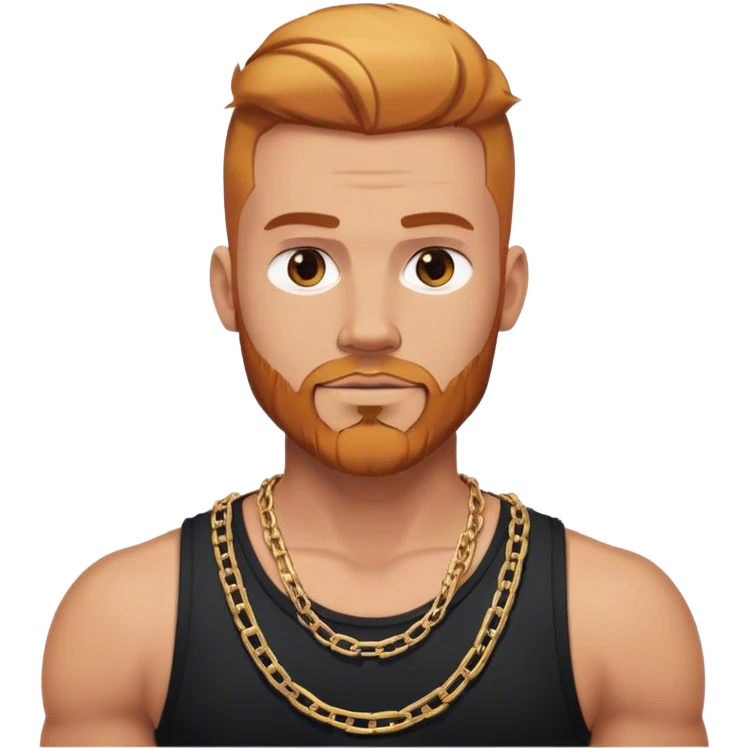 Buff guy selfie with thick chain link necklace and reddish blonde hair and beard with shaved sides of head and blond highlights on top in black tank top emoji