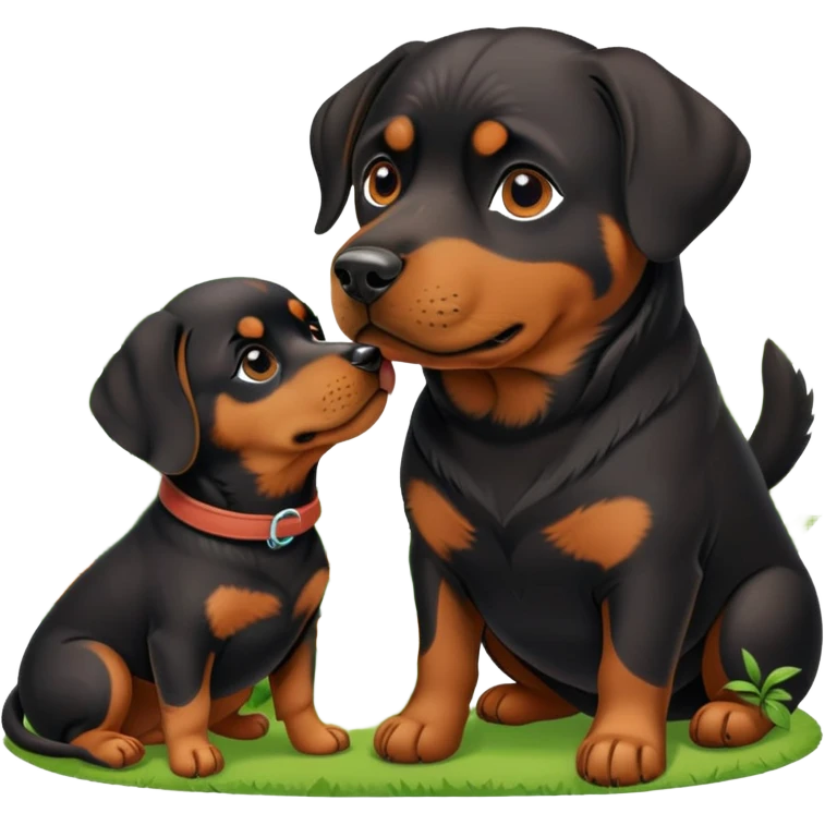 Rottweiler kissing a weiner dog in a garden  emoji