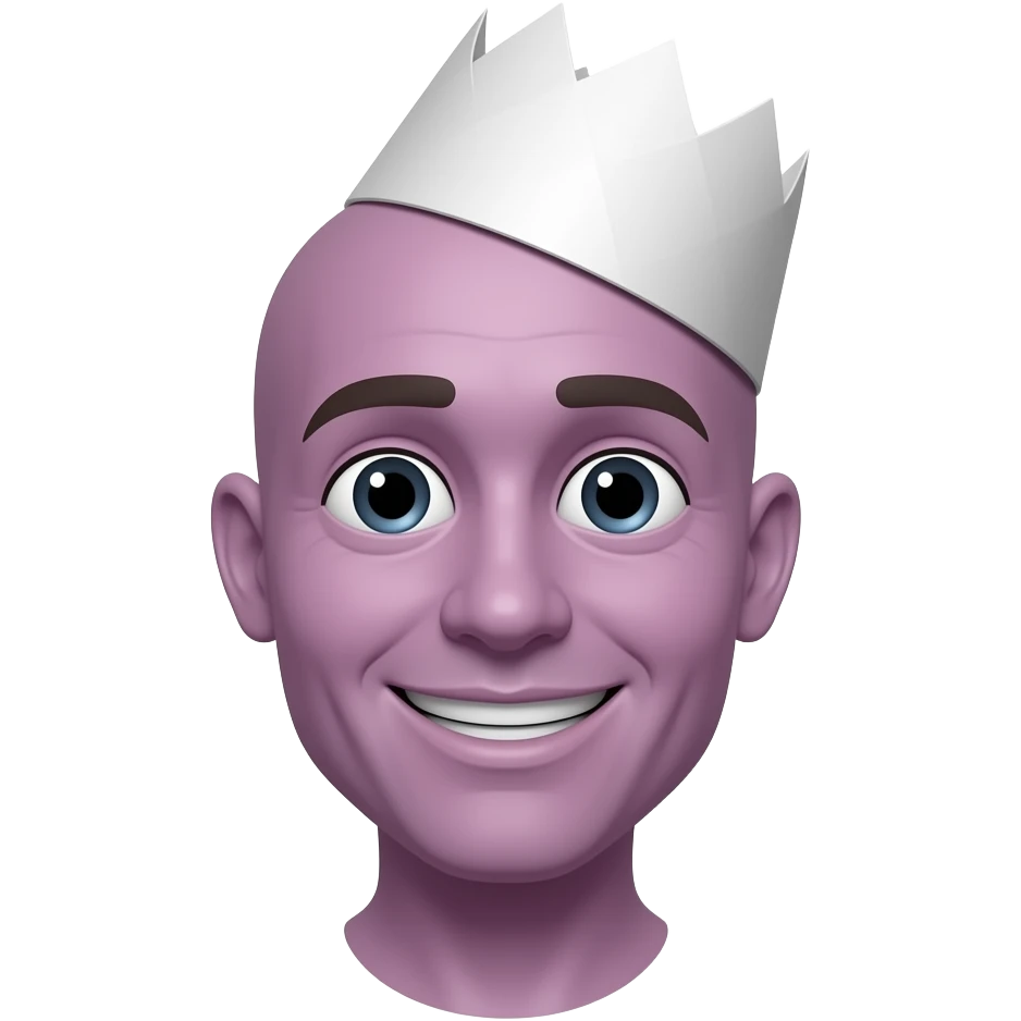 Purple guy with a smile and a white paper hat with no hair and no neck or no body emoji