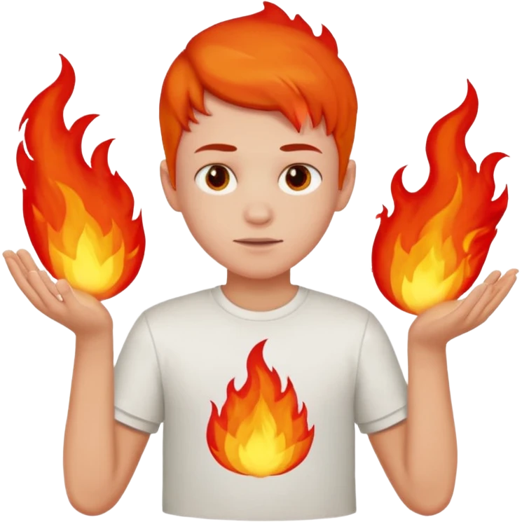 A boy with no hands fire instead made out of red fire and the boy is wearing a shirt that says FIRE C emoji