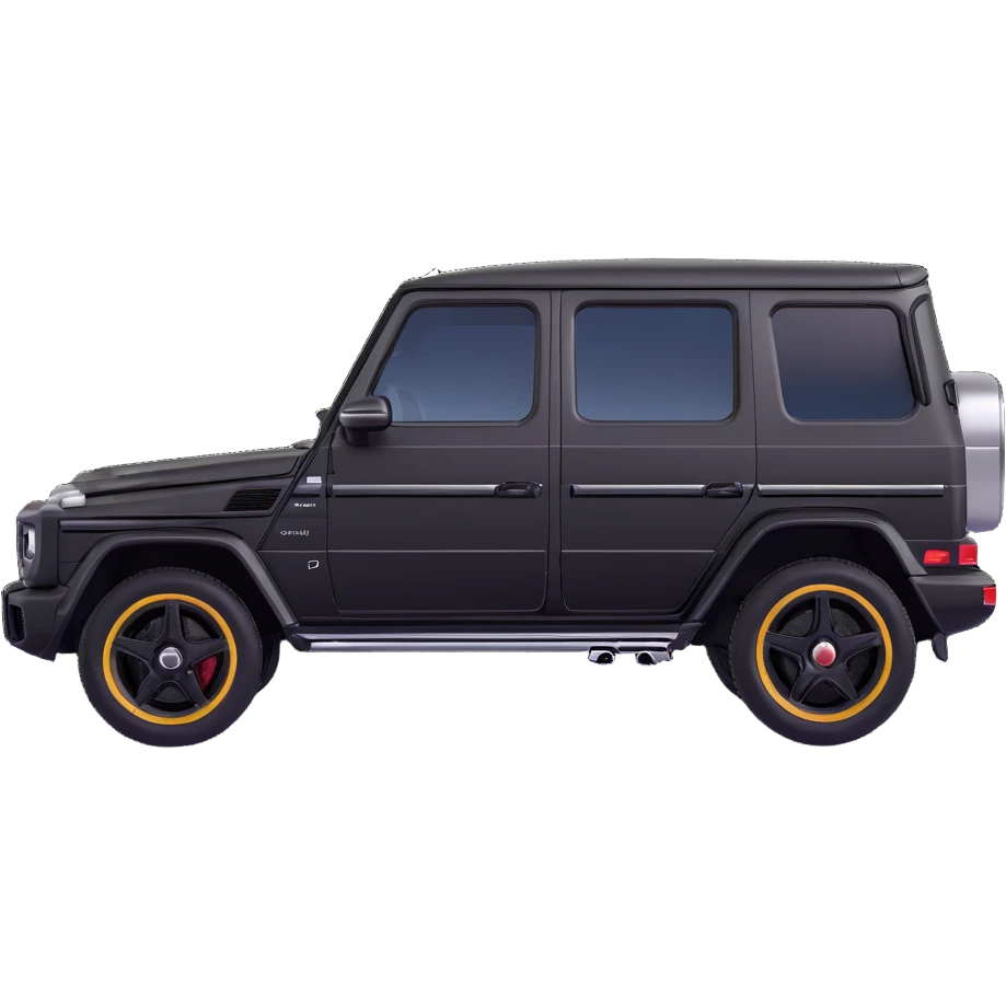 Create a Mercedes G-Class SUV in exact side view angle, extremely minimalized but keeping the recognizable G-Class shape. Remove any roof details or extras. Use black color. Style it in a 3D Apple emoji-like style matching the simplicity and feel of the blue car emoji reference. emoji