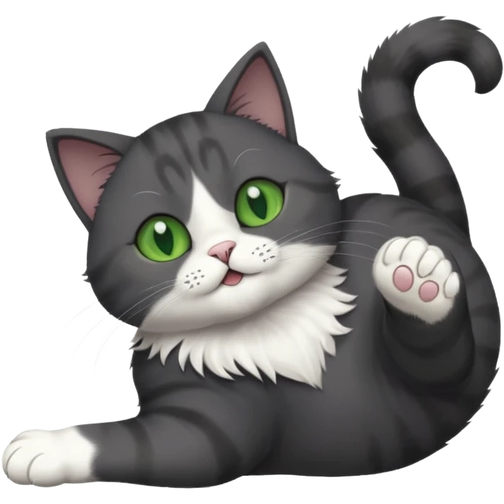 solid dark grey cat with green eyes, white toes/paws and white patch on her chest playfully rolling upside down emoji
