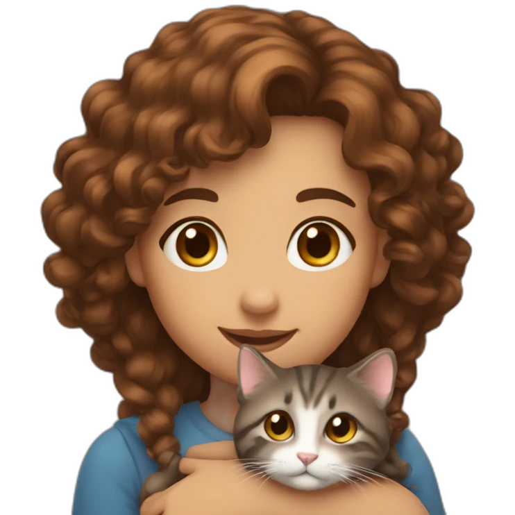 Girl long curly brown hair smiling et tenant brown eyes and holding a cat in her arms emoji