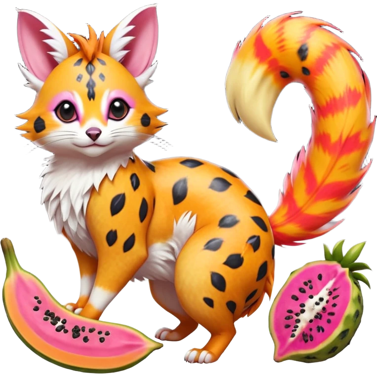 Hyper realistic  tropical-fruit-splash-colored fur, papaya-orange, and dragonfruit-pink chaos beautiful elegant pretty precious cute  Fakémon-Pokémon-opossum-feline-serval-caracal-chinchilla-Furret-Minccino-hybrid-creature with a big fluffy bushy tail (full body) emoji