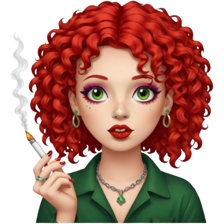 bright red curly hair alt girl with makeup and piercings smoking weed emoji