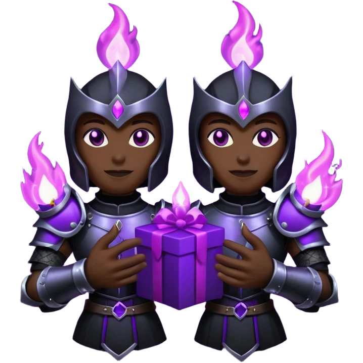 A Discord emoji of a pair of black armored gauntlets holding a flickering violet flame. The hands are positioned as if offering a gift. Dark gothic fantasy, glowing magical effects, high contrast, 2D vector style, white background. emoji