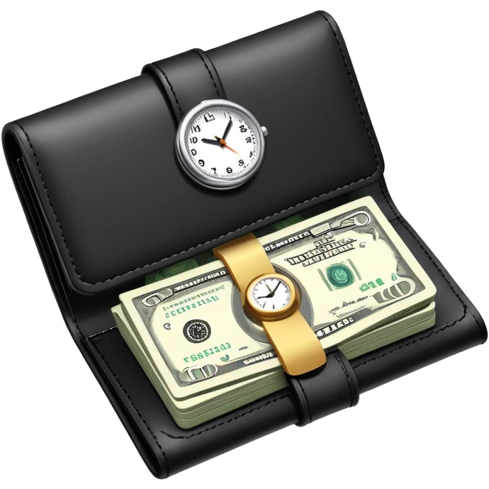 black wallet with dollar bills sticking out and a small clock in top right corner over the wallet emoji